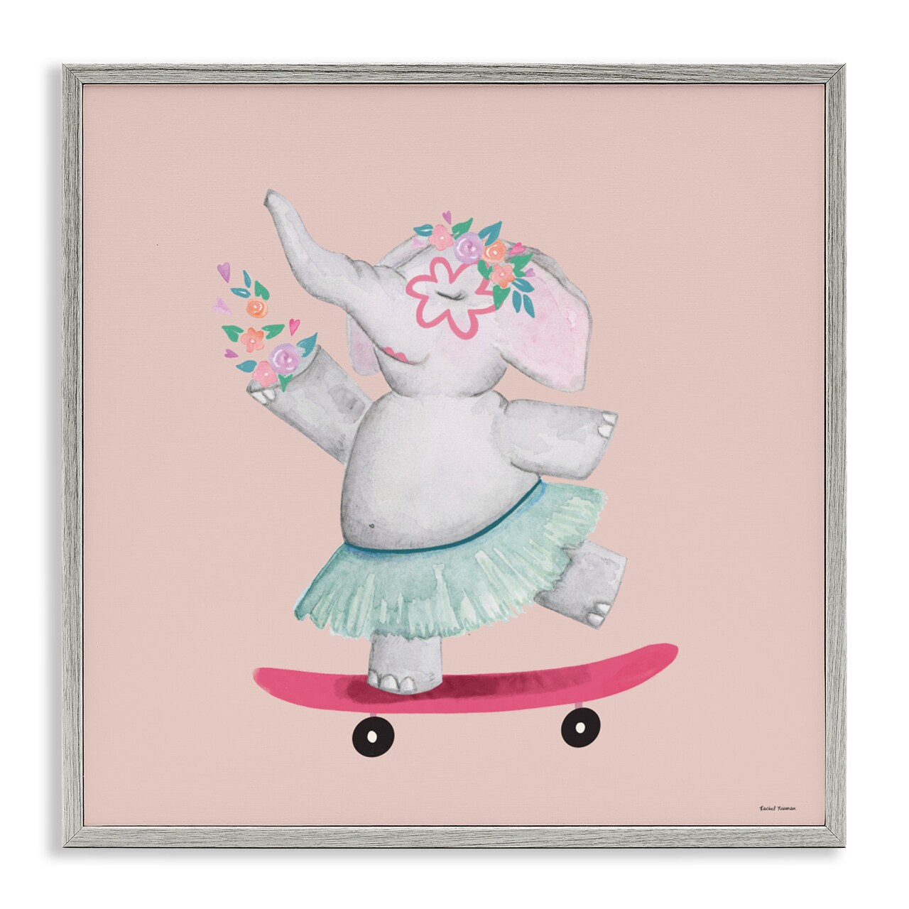 Stupell Industries Skateboarding Elephant with Flowers Framed Giclee, design by Rachel Nieman